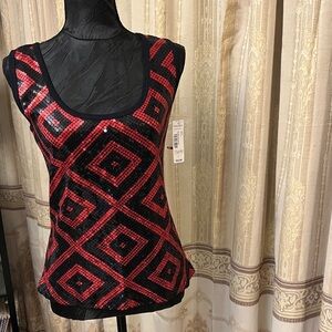 Sequin Geometric Patterned Top - Red and Black